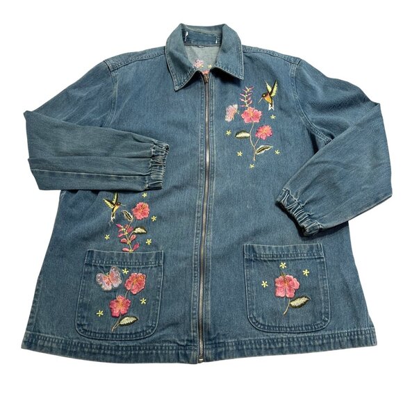 Vintage Floral Hummingbird Embroidered Zip Up Jean Jacket in Blue - Picture 1 of 4